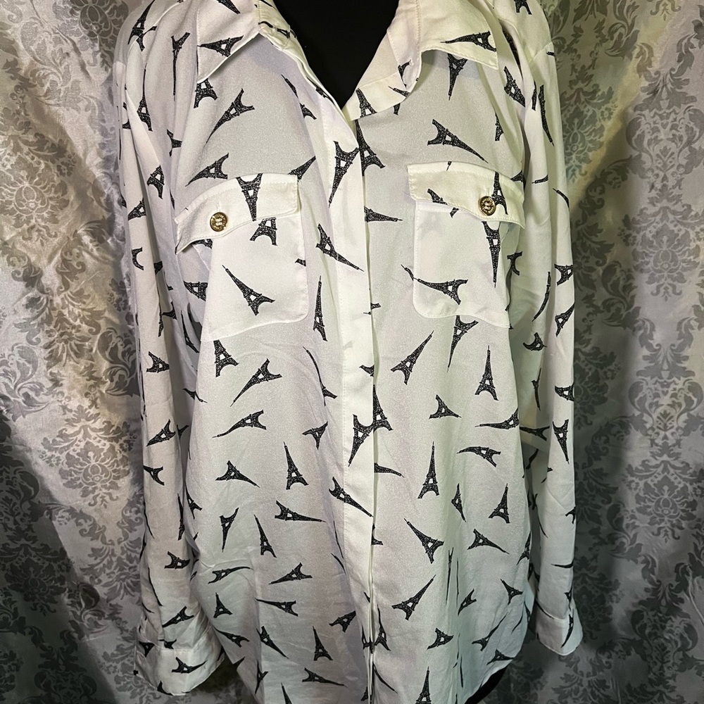 Karl Lagerfeld Whimsical Eiffel Tower Print Button Up Blouse